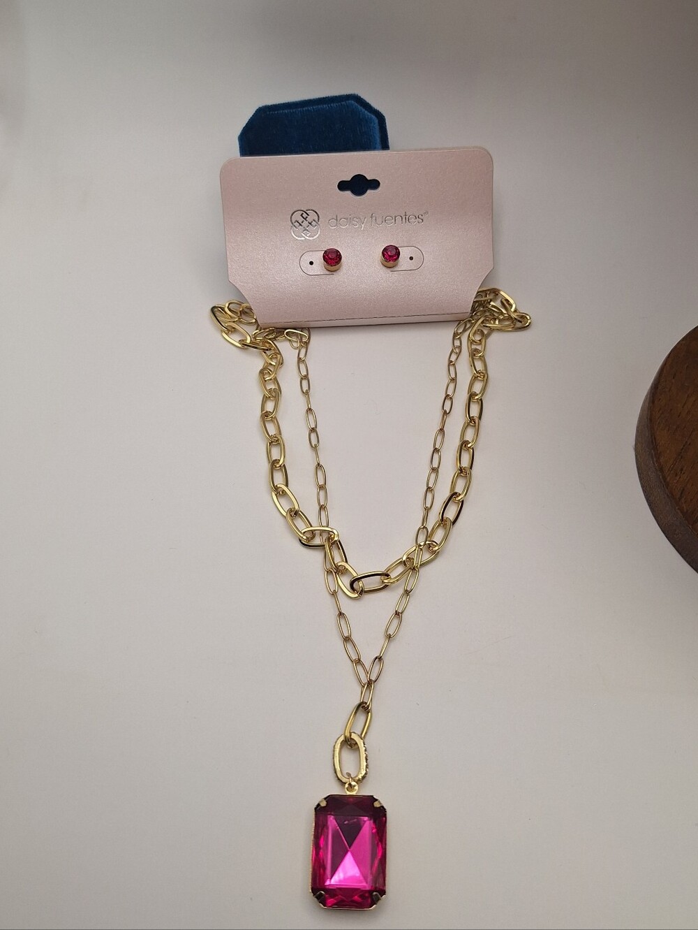 Daisy Fuentes Fuchsia Crystal Layered Gold Necklace & Stud Earrings Set - Picture 5 of 7